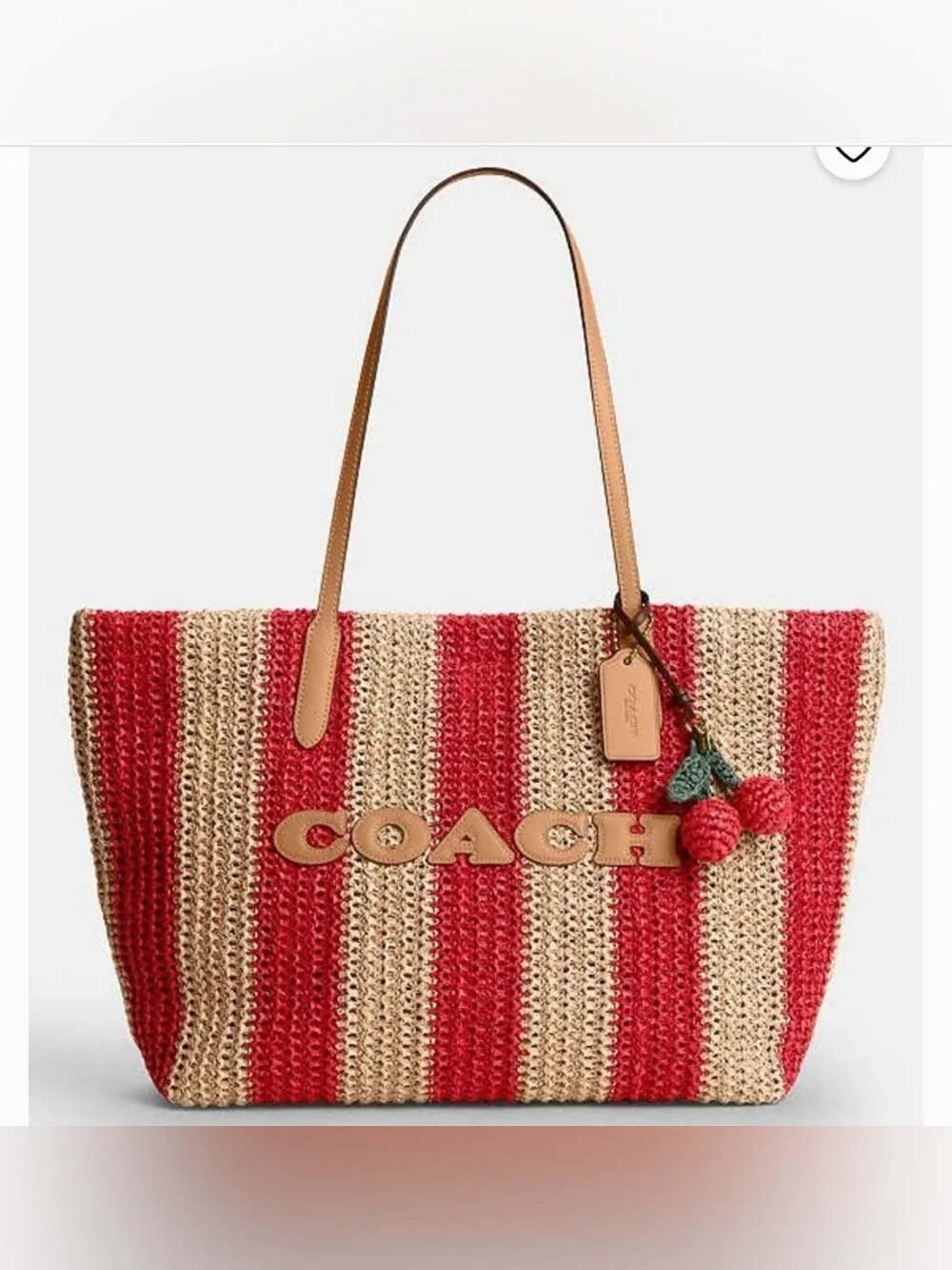 NWT COACH THE CITY TOTE BAG RED/TAN Striped Straw Tote Leather Logo, Handles.